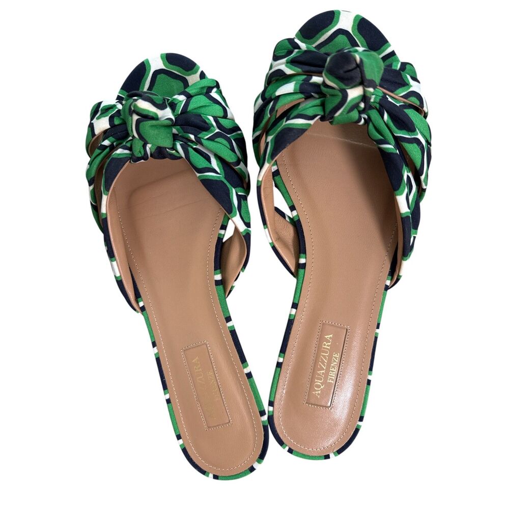 Aquazzura Menorca Knotted Printed Green Satin Slides - Size 38 $595